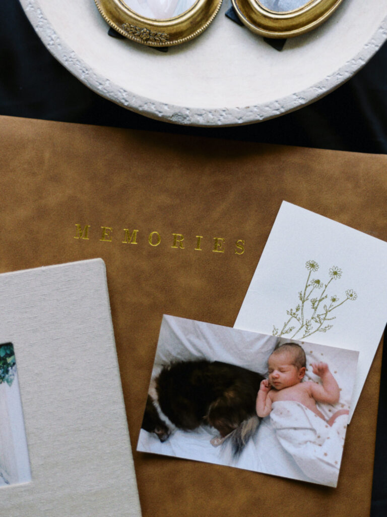 A leather family photo album along with vintage, gold picture frames.